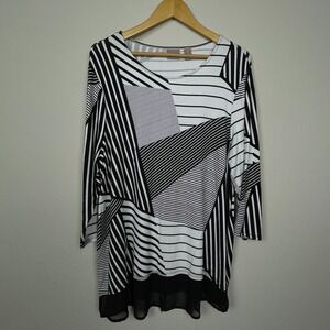 Chico's XL Black White Striped‎ Patchwork Tunic Boatneck Sheer Hem